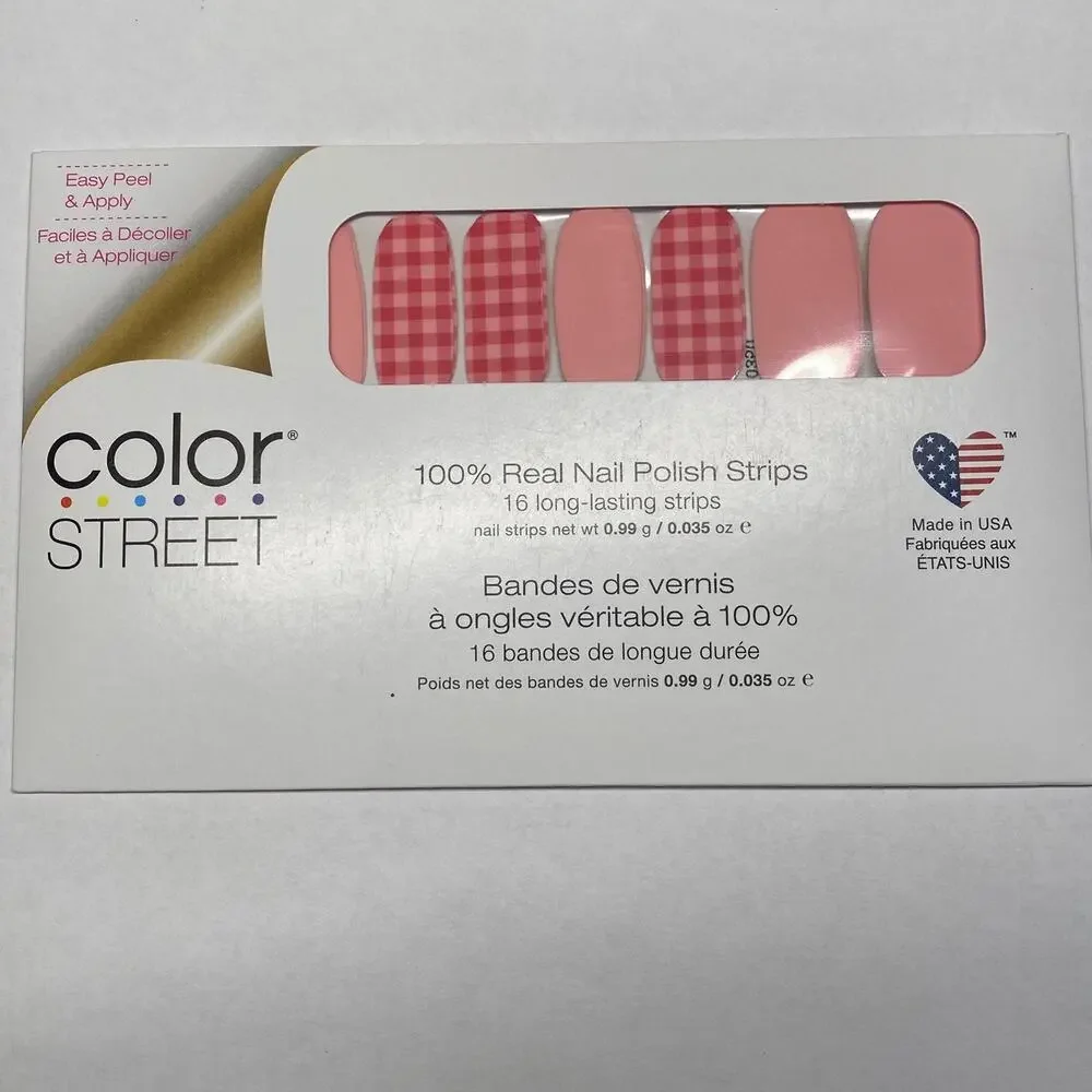 Color Street What the Check Pink Gingham + Solid Pale Pink Manicure Nail Strips - Picture 2 of 4